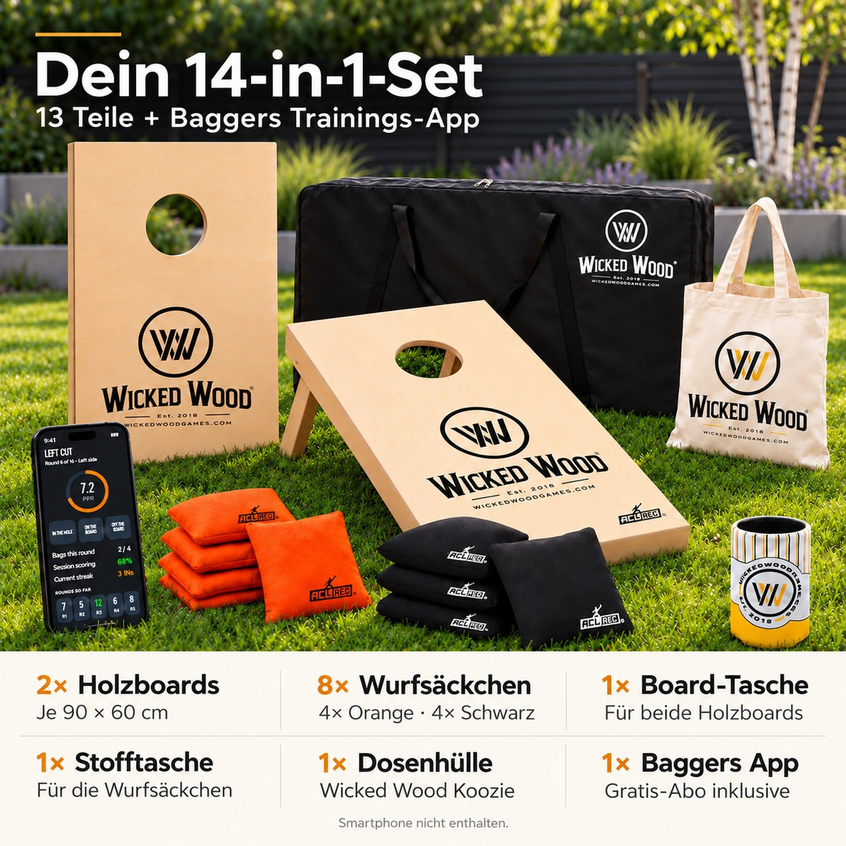 Cornhole Starter Bundle 90x60 – Lacquered Boards, Carry Bag, Tote Bag & Koozie – Wicked Wood Games