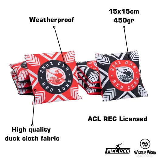 Red Zone Cornhole Bags - 1x4 Bags - 400gr Cornhole Bags Wicked Wood Games