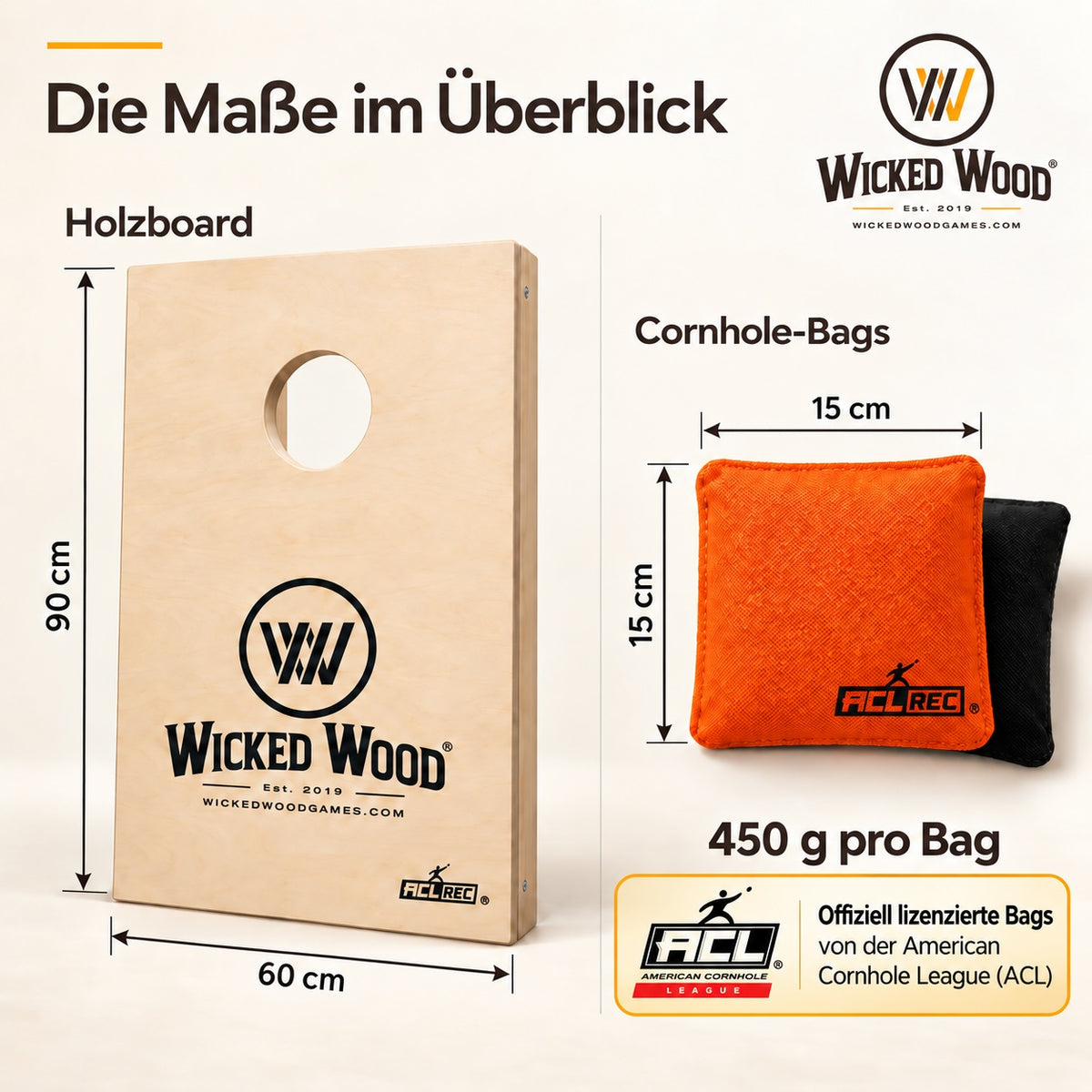 Cornhole Starter Bundle 90x60 – Lacquered Boards, Carry Bag, Tote Bag & Koozie – Wicked Wood Games